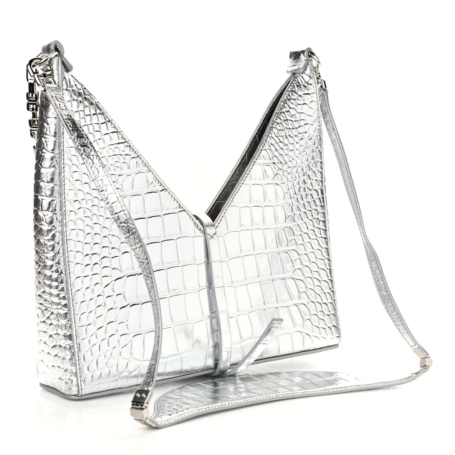 Givenchy Metallic Calfskin Croc Embossed Small Cut Out Shoulder Bag Silver 3 of 11