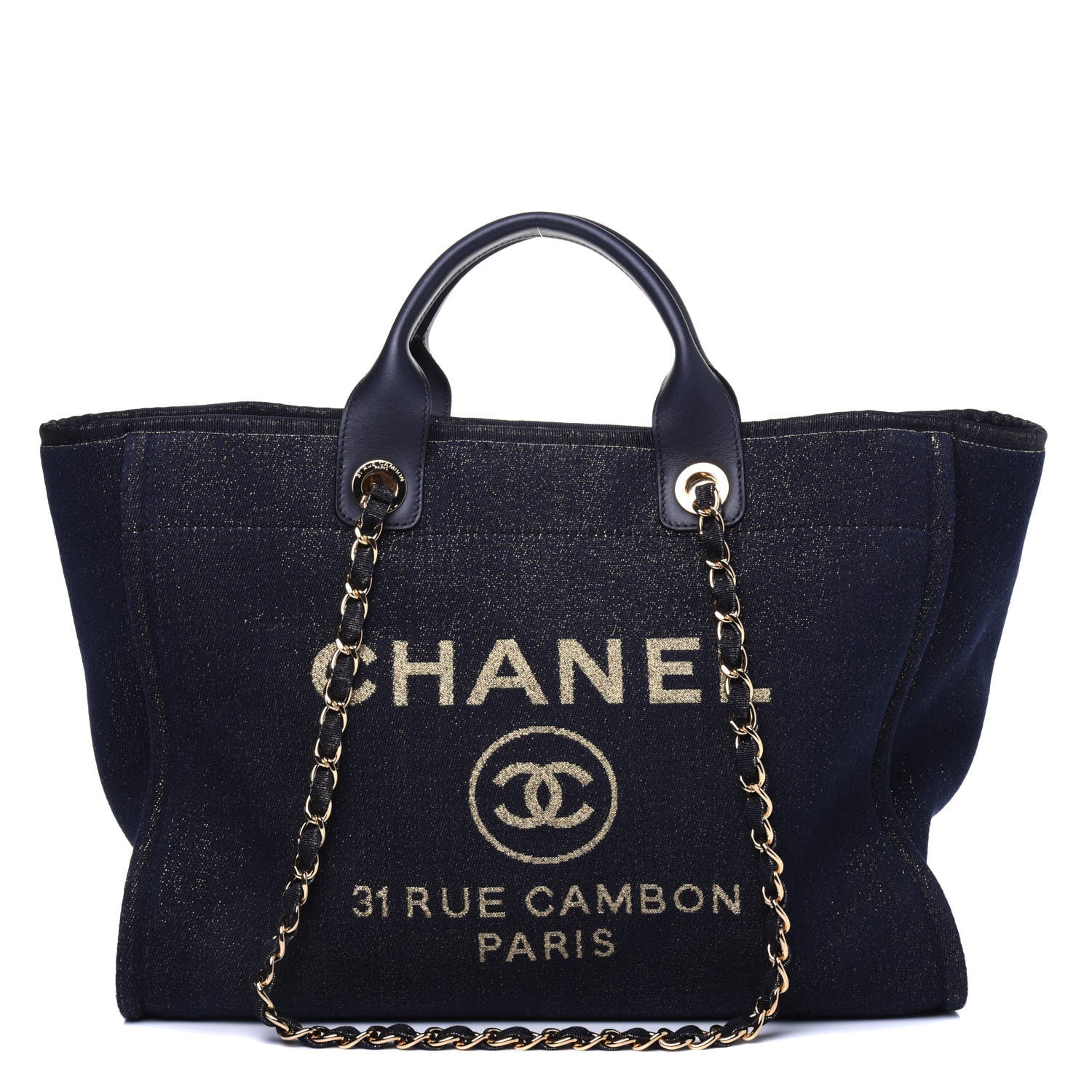 Chanel Lurex Canvas Medium Deauville Tote Navy Blue Gold 1 of 15