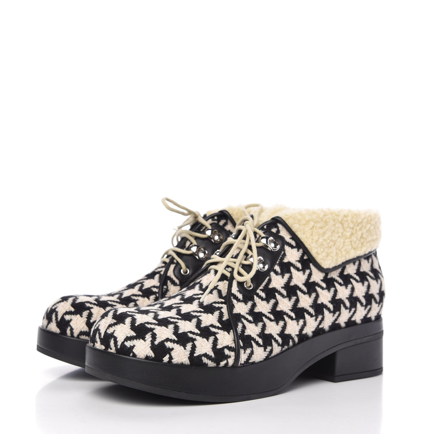 Optical Tweed Faux Shearling Houndstooth Victor Lace Up Ankle Boots 41 White Black