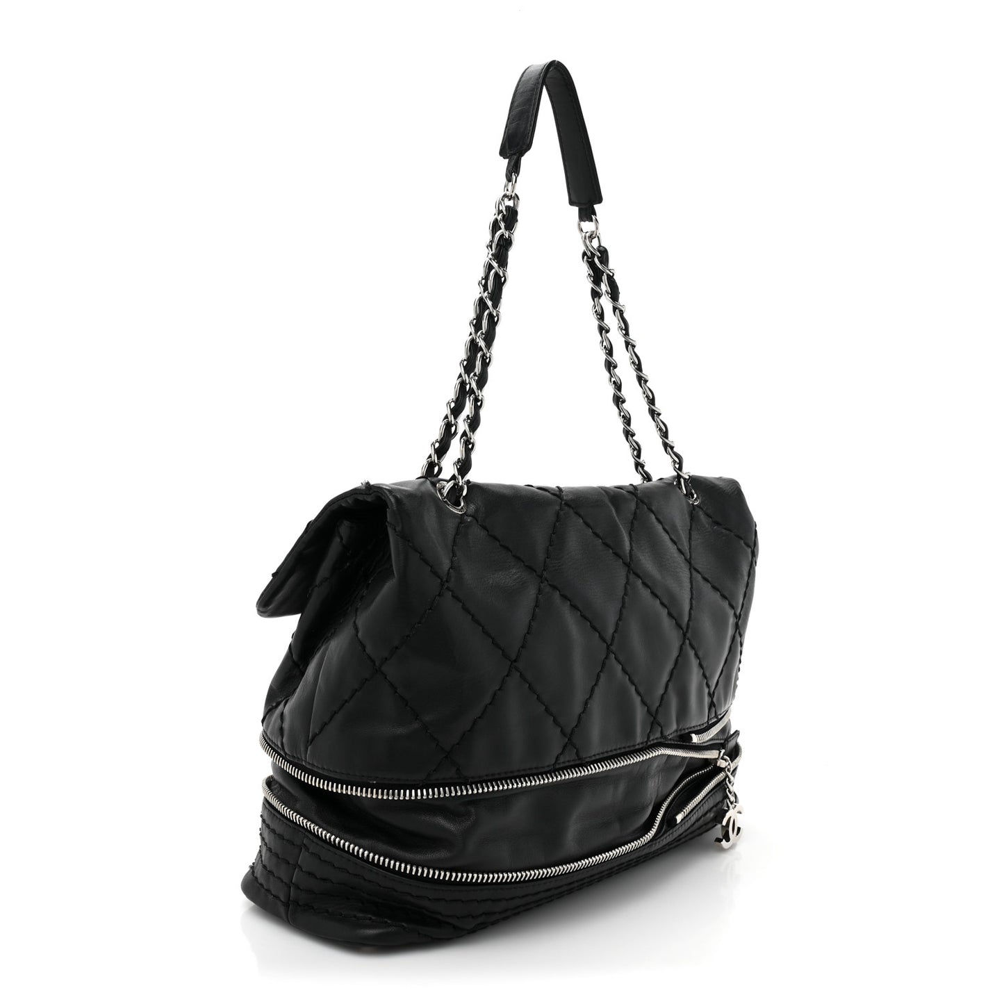 Calfskin Stitched Large Expandable Flap Bag Black