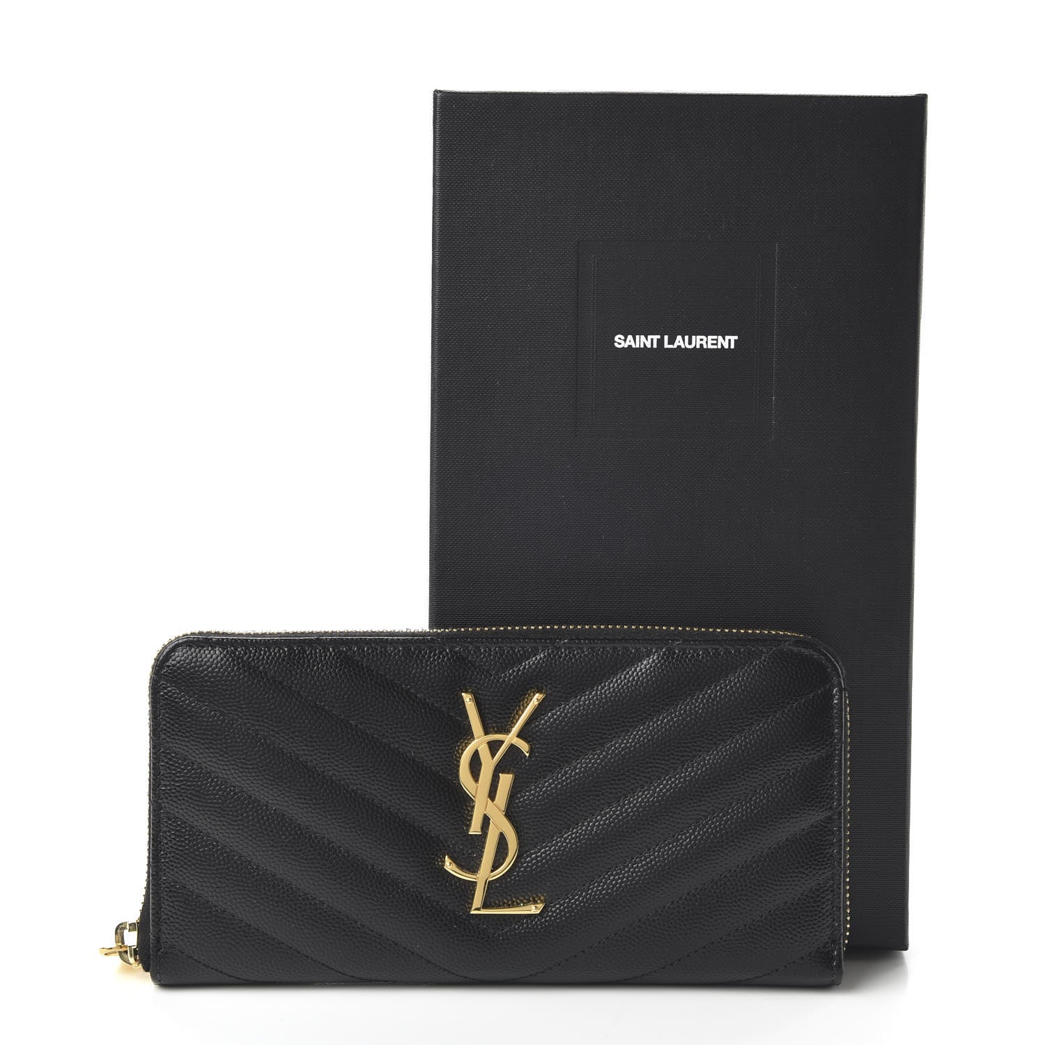 Saint Laurent Grain De Poudre Matelasse Chevron Monogram Zip Around Wallet Black 10 of 10