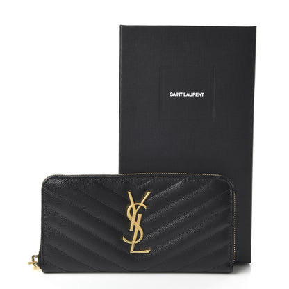 Saint Laurent Grain De Poudre Matelasse Chevron Monogram Zip Around Wallet Black 10 of 10