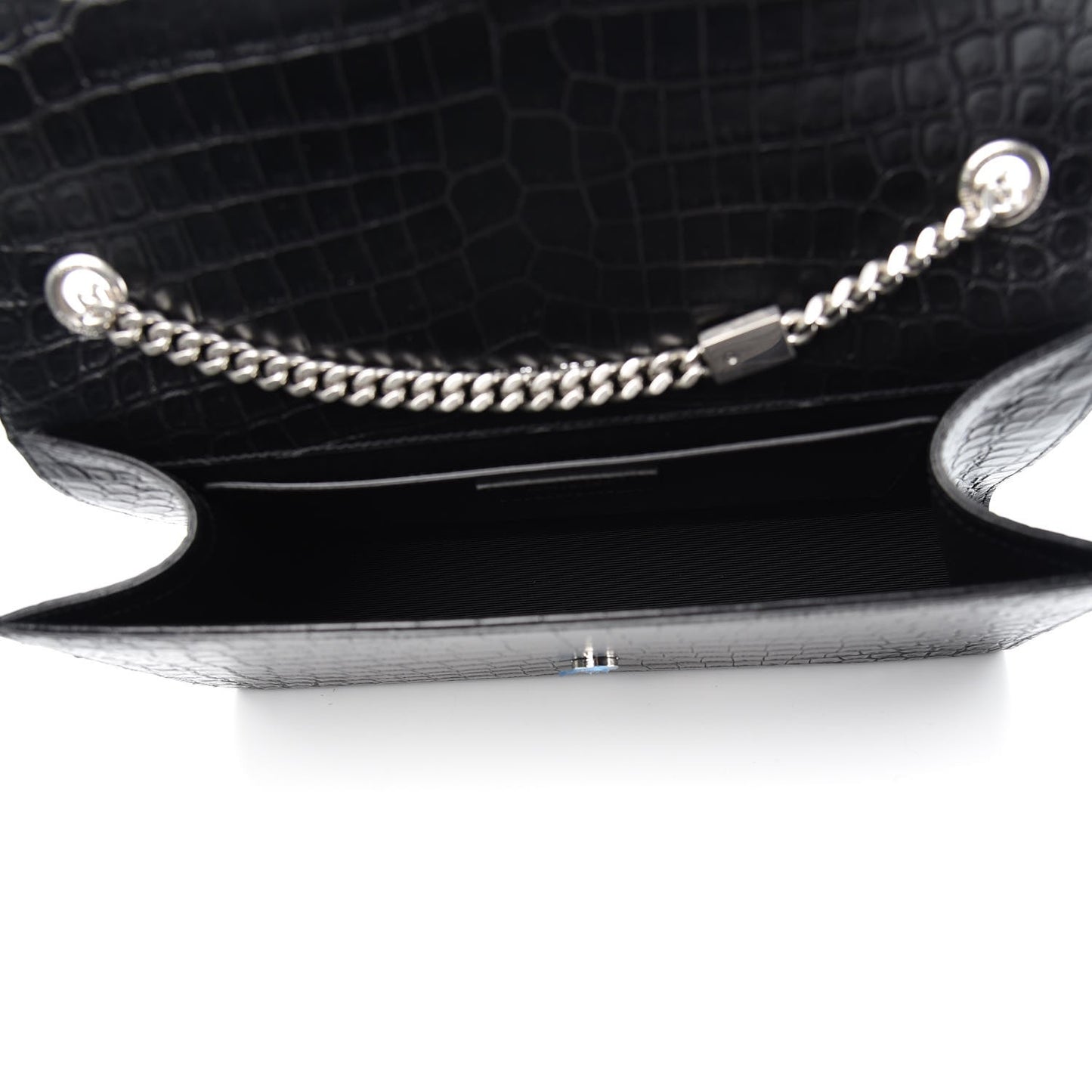 Calfskin Crocodile Embossed Large Classic Monogram Kate Satchel Black
