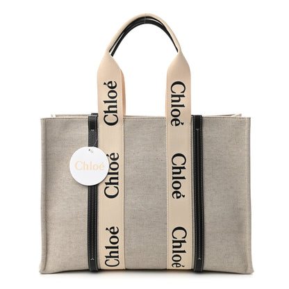 Chloe Cotton Calfskin Large Woody Ribbon Tote White Blue 1 of 10