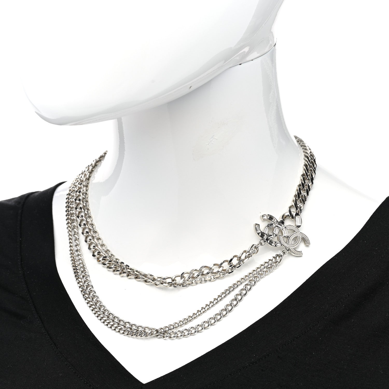 Chanel Baguette Crystal CC Multi Strand Long Chain Necklace Silver 2 of 5