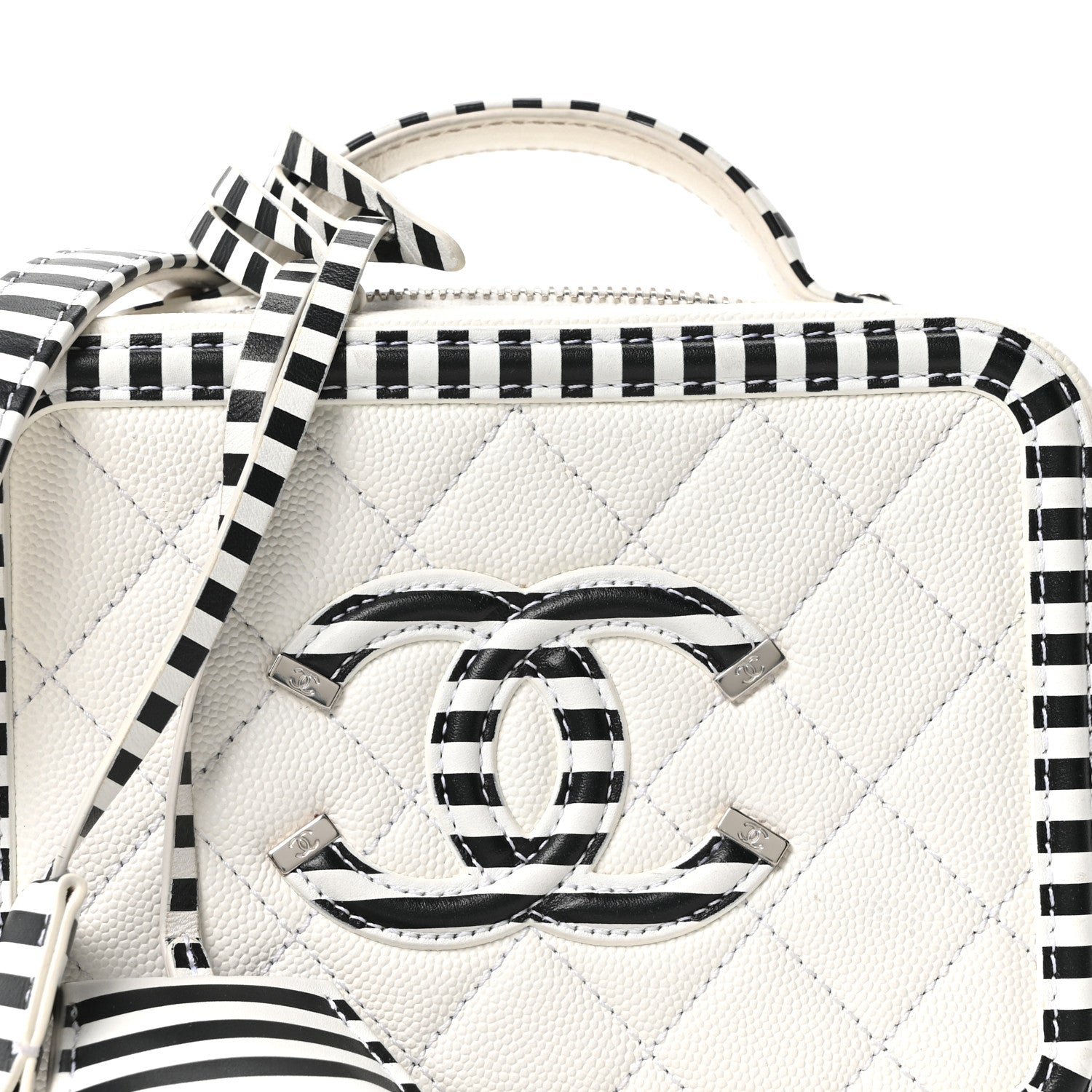 Chanel Caviar Quilted Striped Small CC Filigree Vanity Case White Black 8 of 10