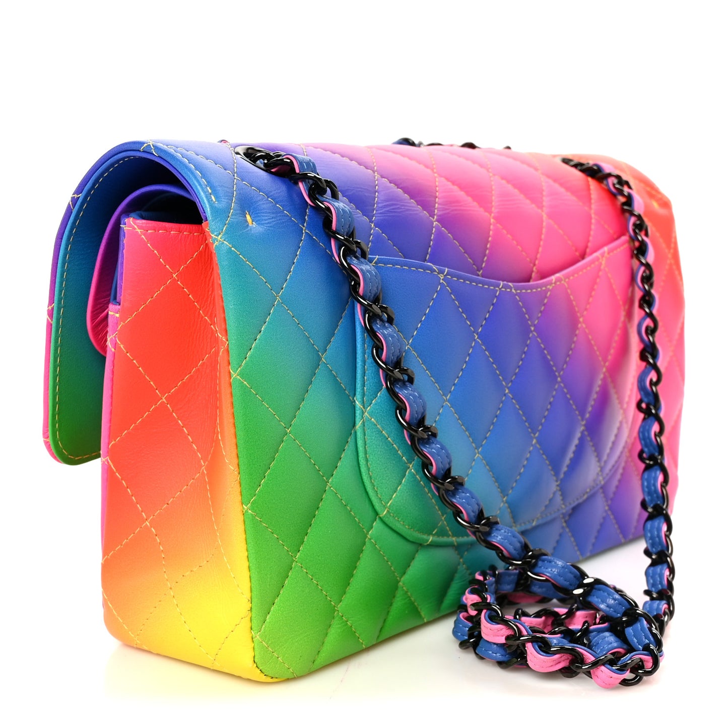 Calfskin Quilted Medium Rainbow Double Flap Multicolor