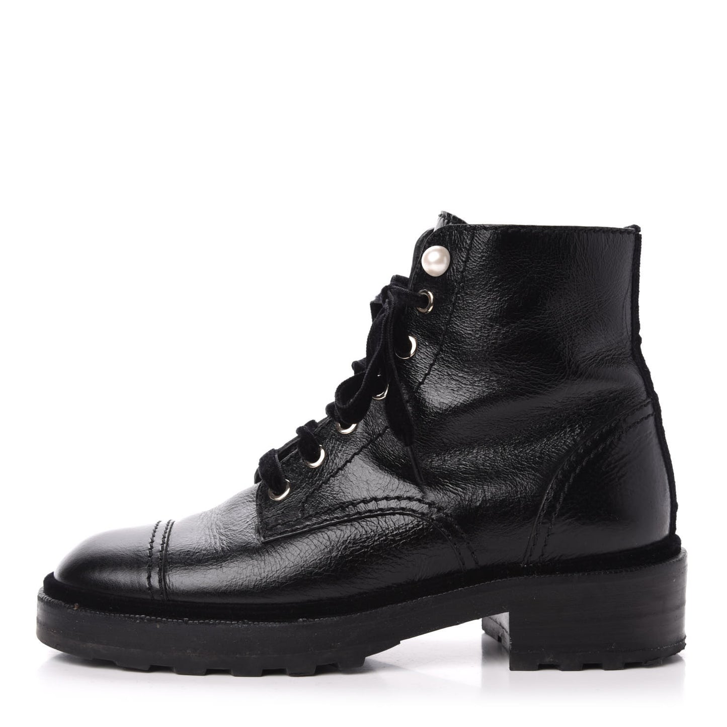 Calfskin Velvet Pearl Combat Short Boots 37 Black