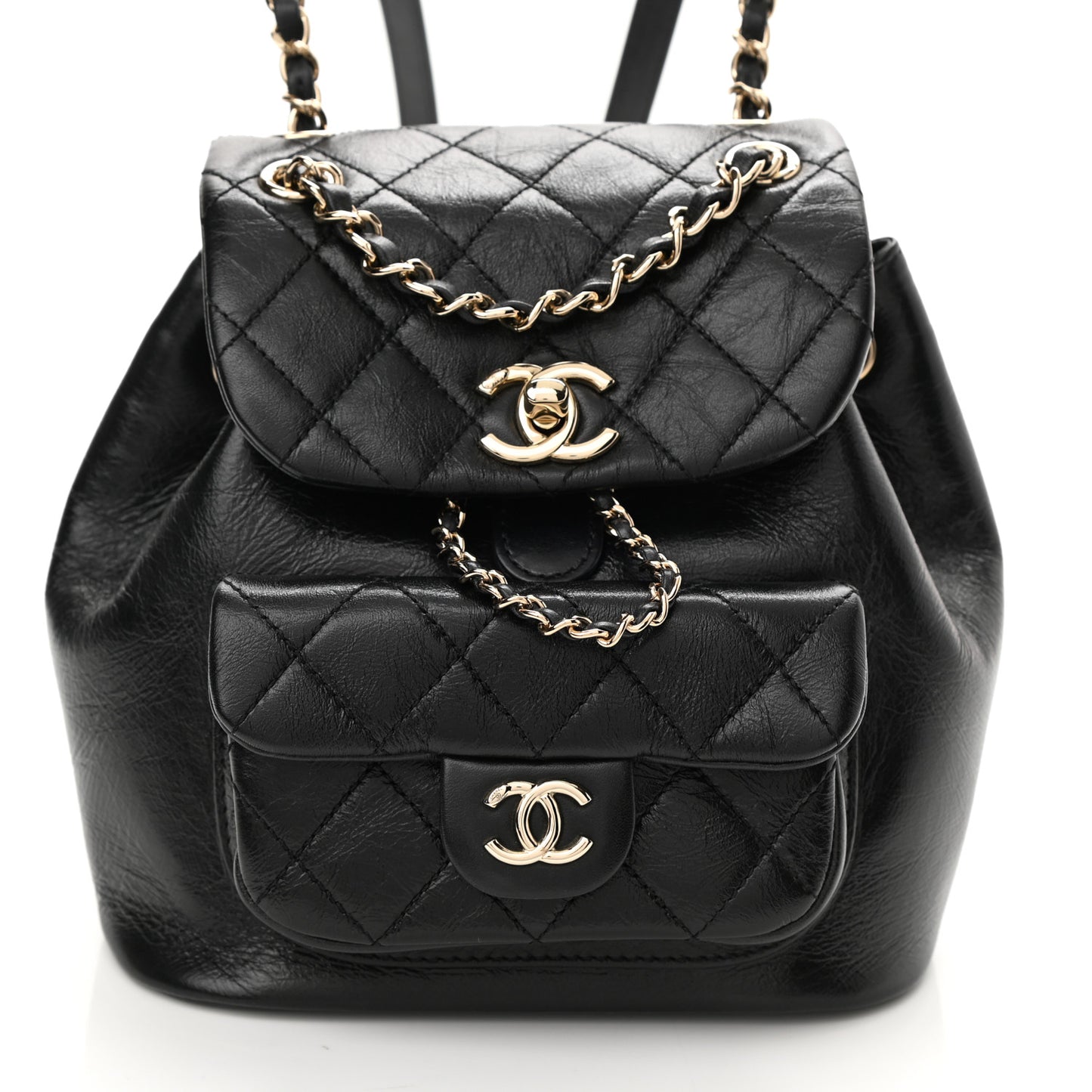 Glazed Aged Calfskin Quilted Small Duma Drawstring Backpack Black
