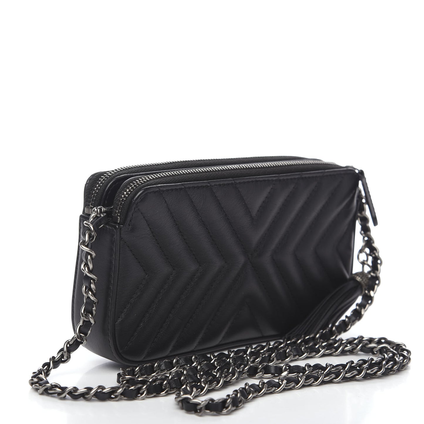 Calfskin Chevron Quilted Tassel Clutch With Chain Black