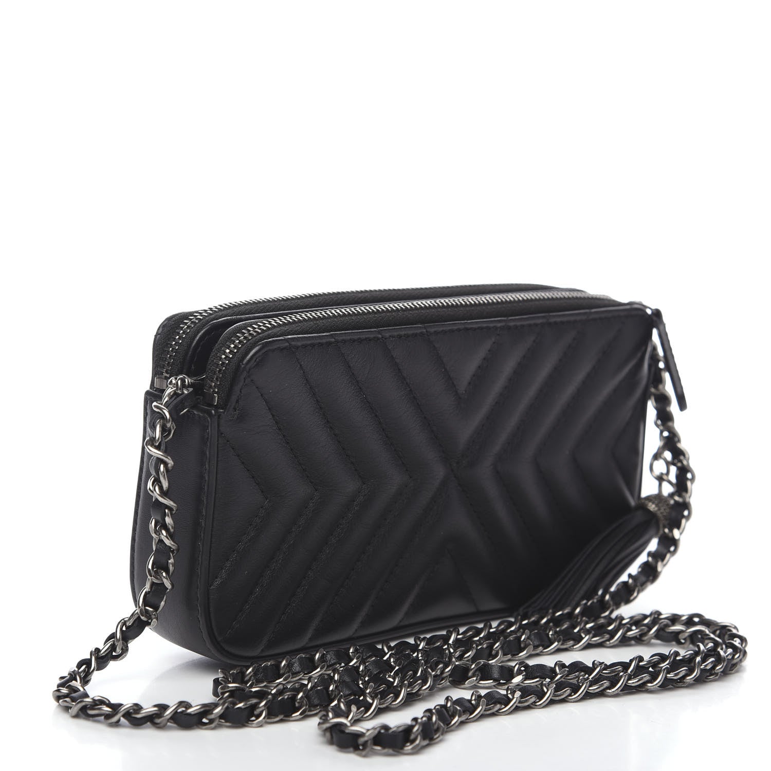 Chanel Calfskin Chevron Quilted Tassel Clutch With Chain Black 2 of 11