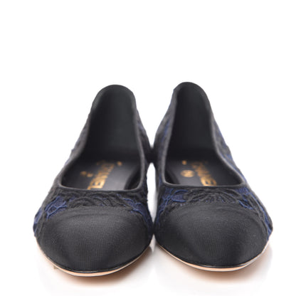 Chanel Lace Grosgrain Cap Toe CC Ballerina Flats 37 Navy Black 2 of 9
