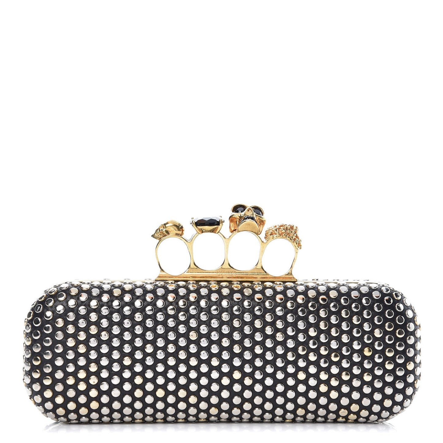 Lambskin Studded Skull Knuckle Box Clutch Black
