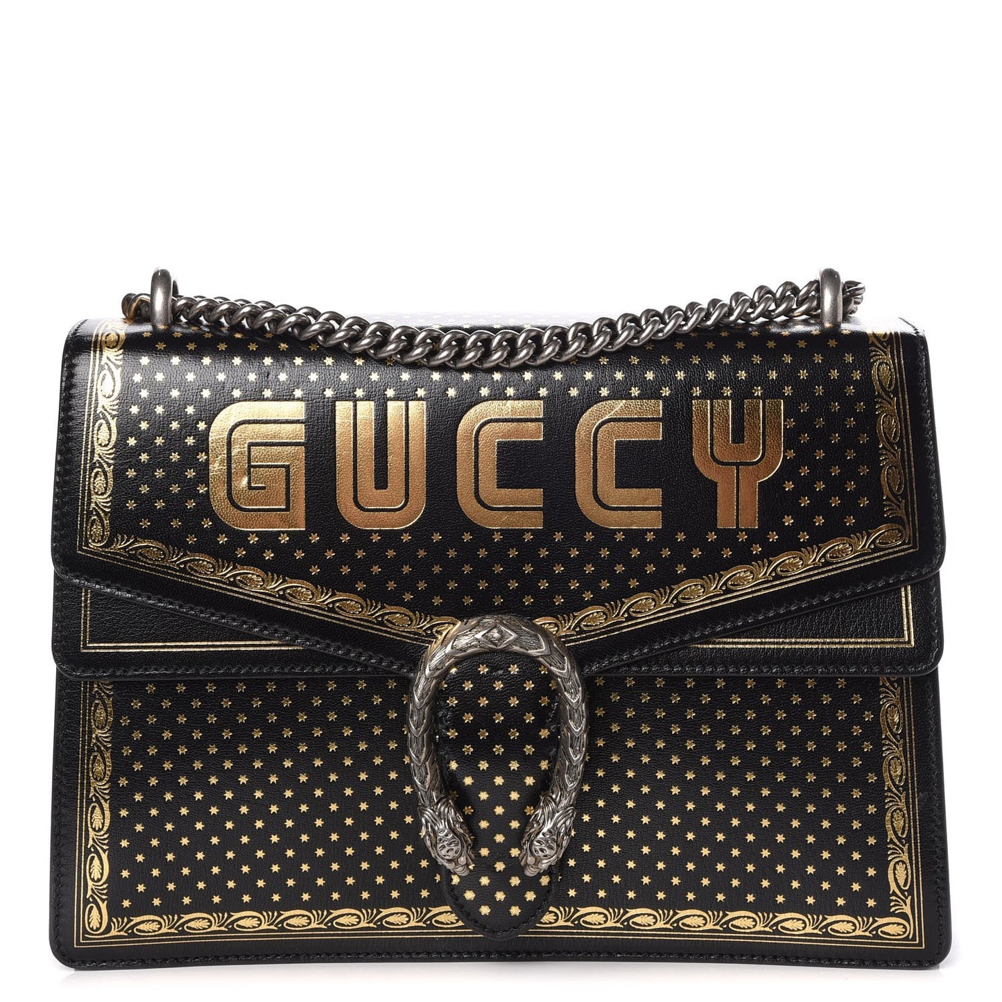 X SEGA Calfskin GUCCY Stars Medium Dionysus Shoulder Bag Black Gold