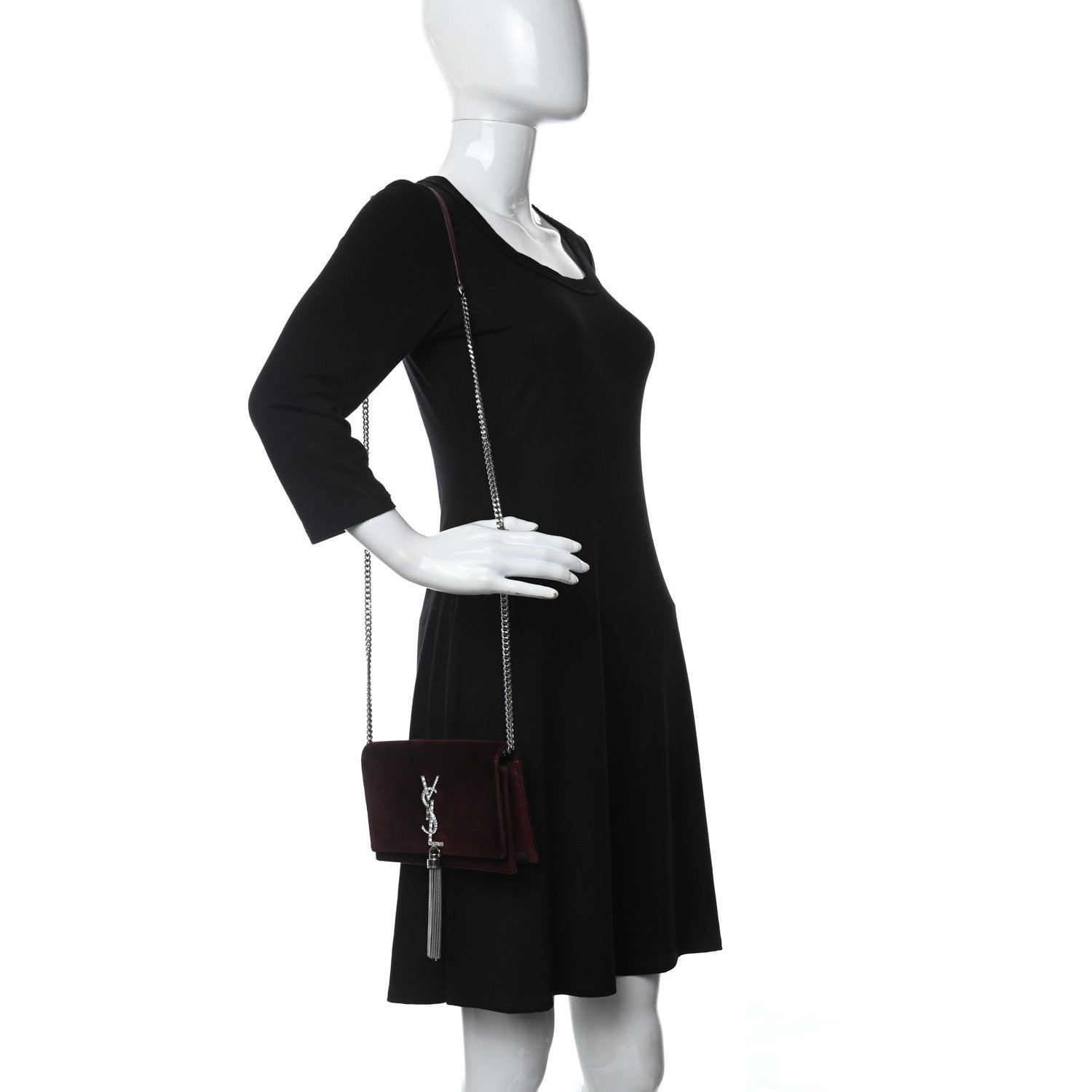 Saint Laurent Velvet Crystal Monogram Kate Tassel Shoulder Bag Burgundy 2 of 8