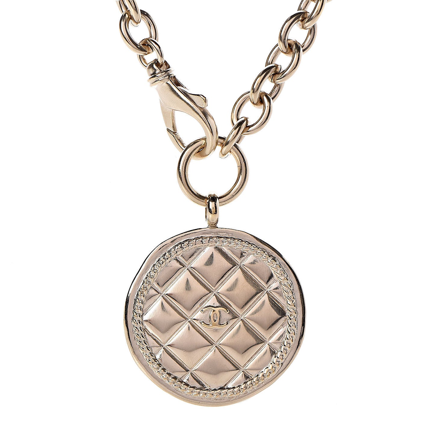 Quilted CC Pendant Chain Necklace Light Gold