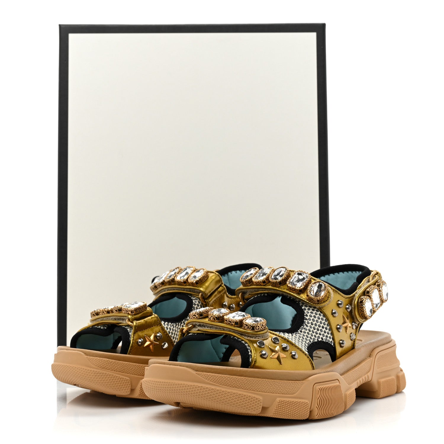 Gucci Silk Calfskin Mesh Crystal Embellished Studded Womens Aguru Sandals 37.5 Gold 9 of 9