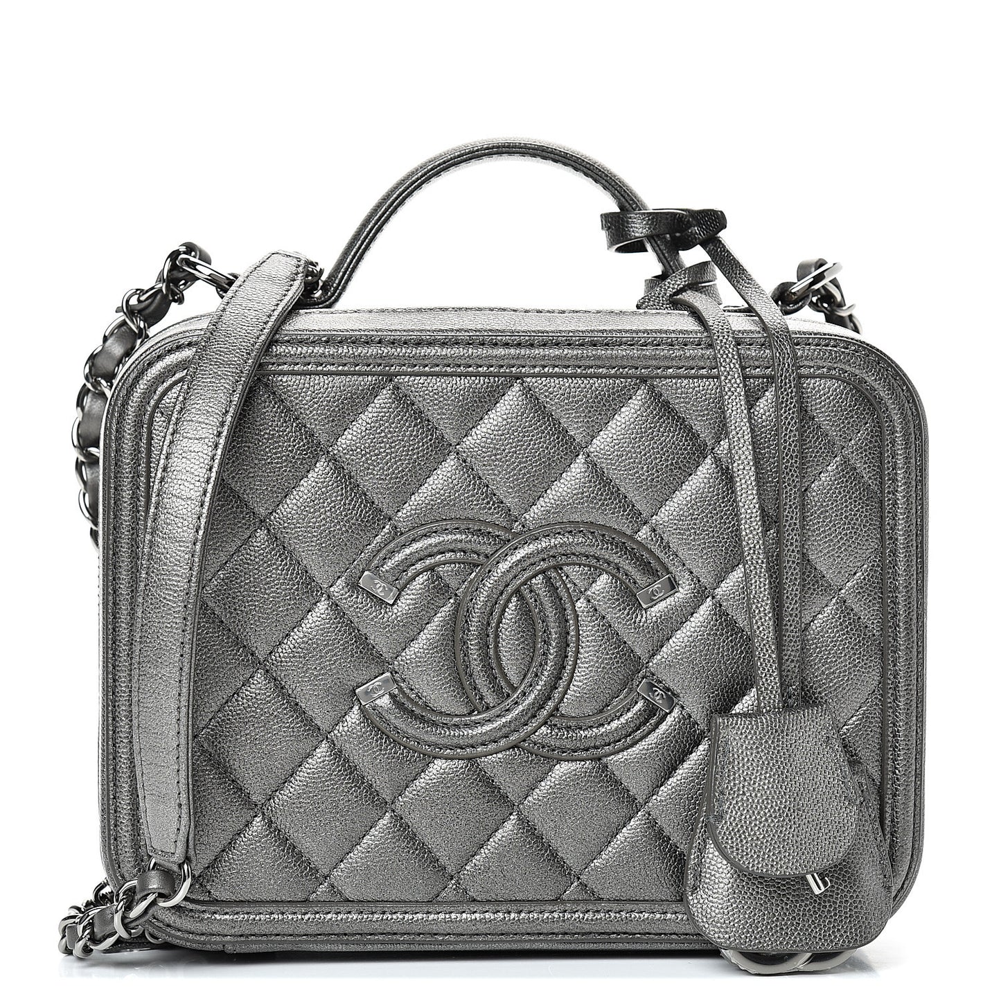 Metallic Caviar Quilted Medium CC Filigree Vanity Case Dark Silver