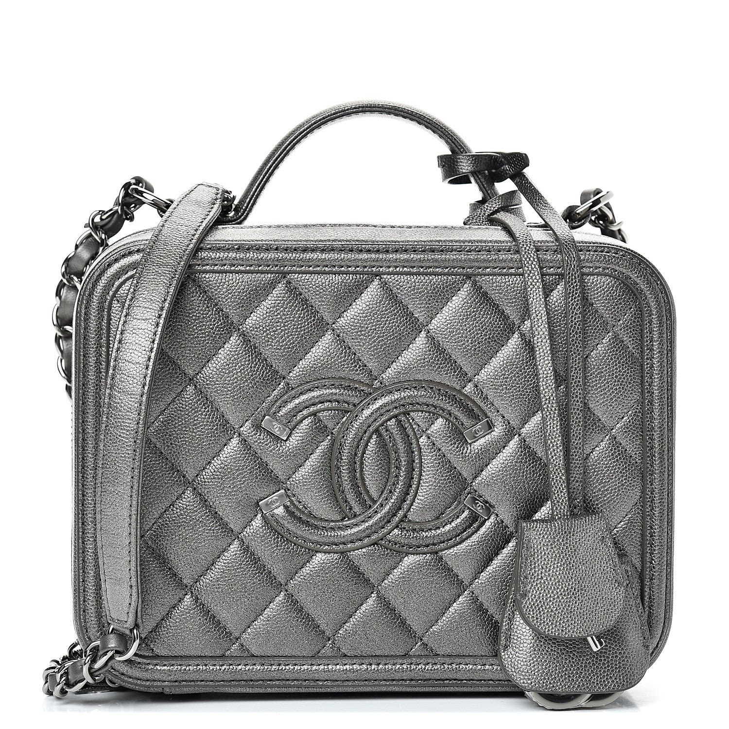 Chanel Metallic Caviar Quilted Medium CC Filigree Vanity Case Dark Silver 1 of 9