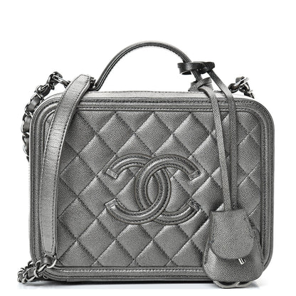 Chanel Metallic Caviar Quilted Medium CC Filigree Vanity Case Dark Silver 1 of 9