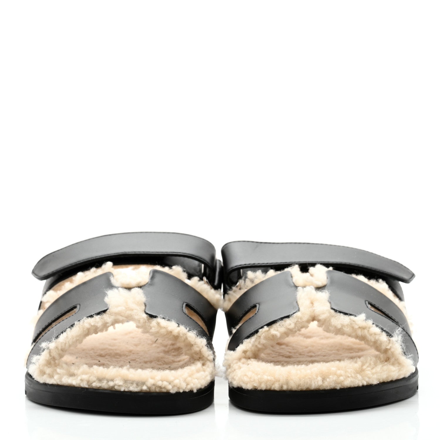 Hermes Calfskin Woolskin Womens Chypre Sandals 37 Black Ecru 2 of 9