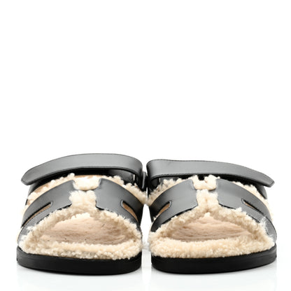 Hermes Calfskin Woolskin Womens Chypre Sandals 37 Black Ecru 2 of 9