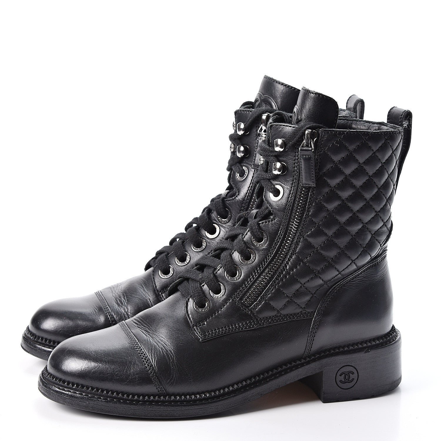 Chanel Calfskin Quilted Lace Up Combat Boots 38.5 Black 3 of 10