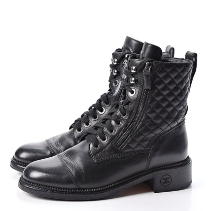 Chanel Calfskin Quilted Lace Up Combat Boots 38.5 Black 3 of 10