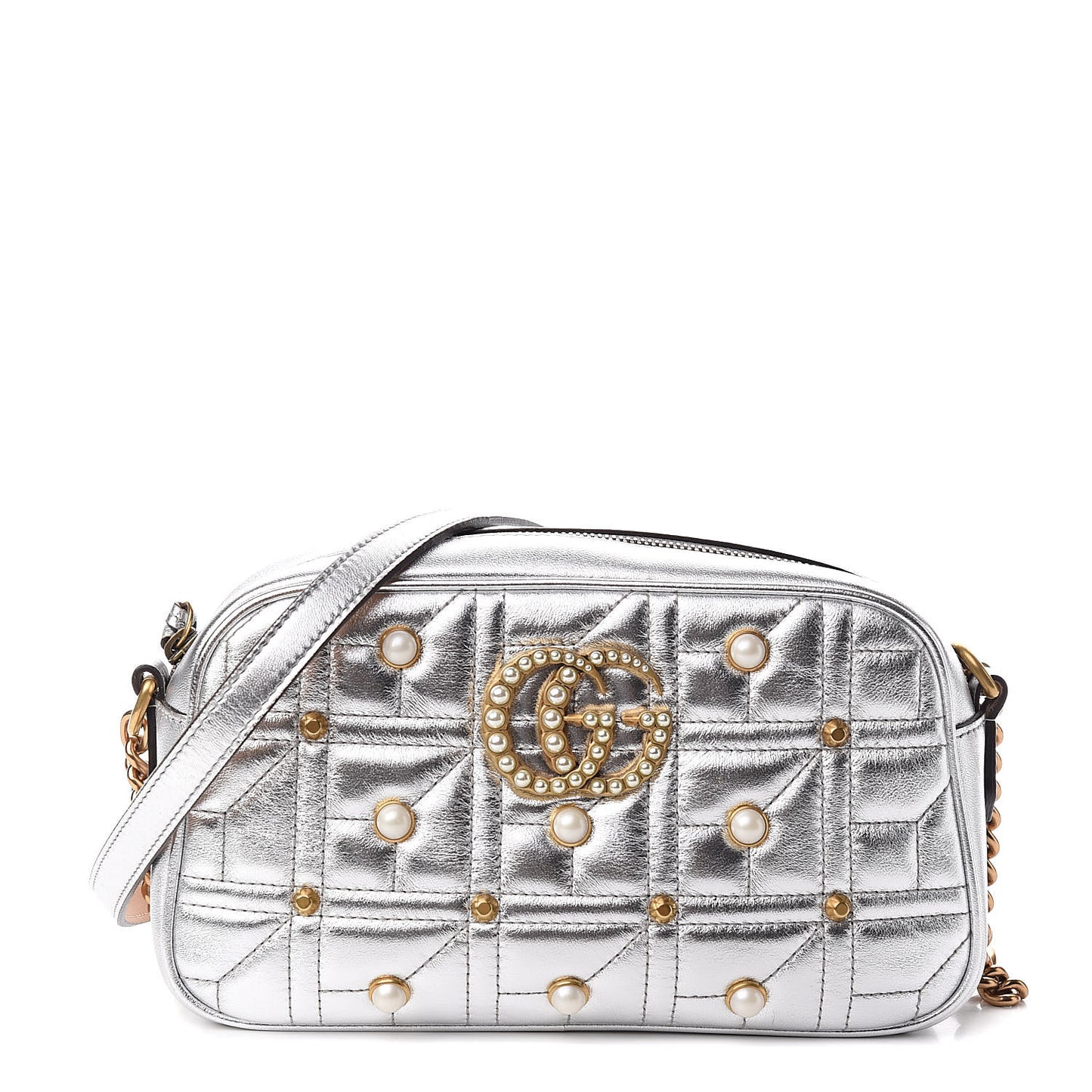 Metallic Calfskin Matelasse Studded Small Pearly GG Marmont Chain Shoulder Bag Silver