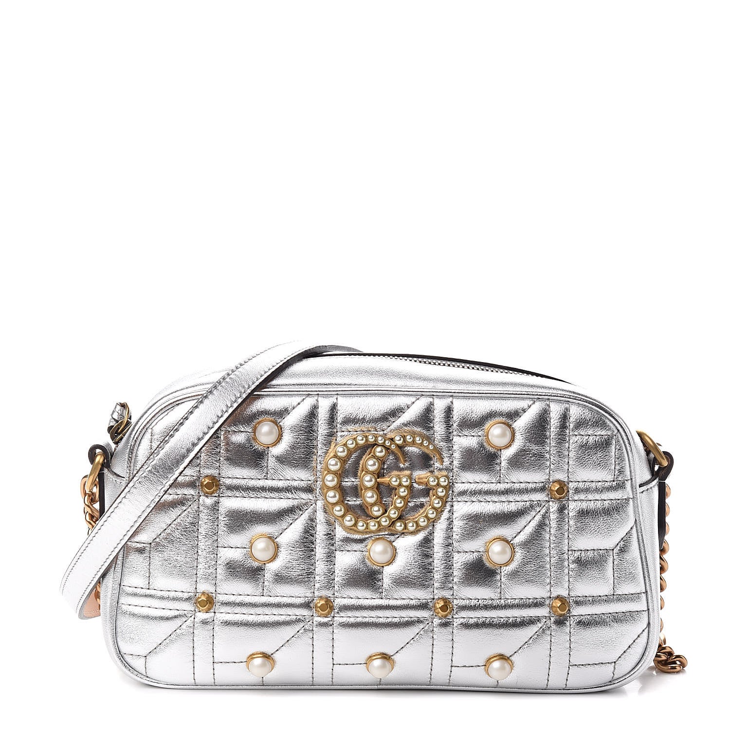 Gucci Metallic Calfskin Matelasse Studded Small Pearly GG Marmont Chain Shoulder Bag Silver 1 of 11