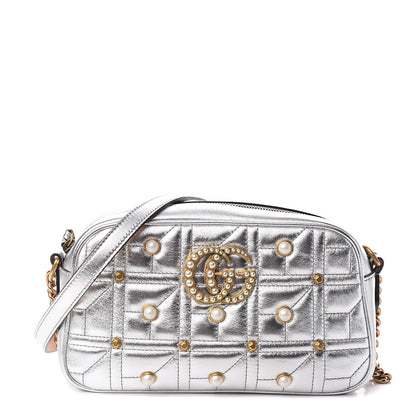 Gucci Metallic Calfskin Matelasse Studded Small Pearly GG Marmont Chain Shoulder Bag Silver 1 of 11