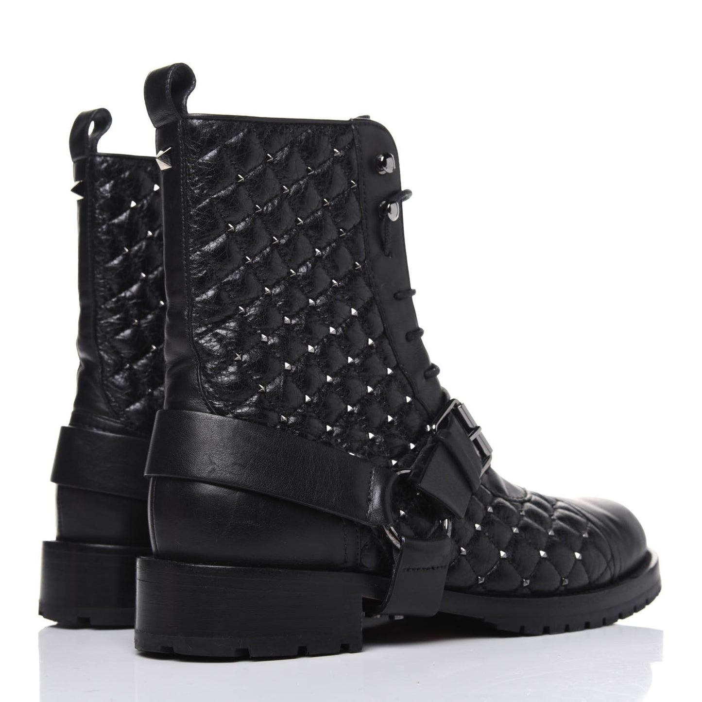 Crackled Lambskin Rockstud Spike 20mm Combat Boots 37.5 Black