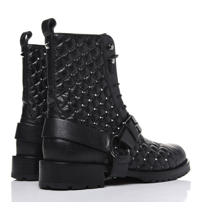 Valentino Garavani Crackled Lambskin Rockstud Spike 20mm Combat Boots 37.5 Black 4 of 15