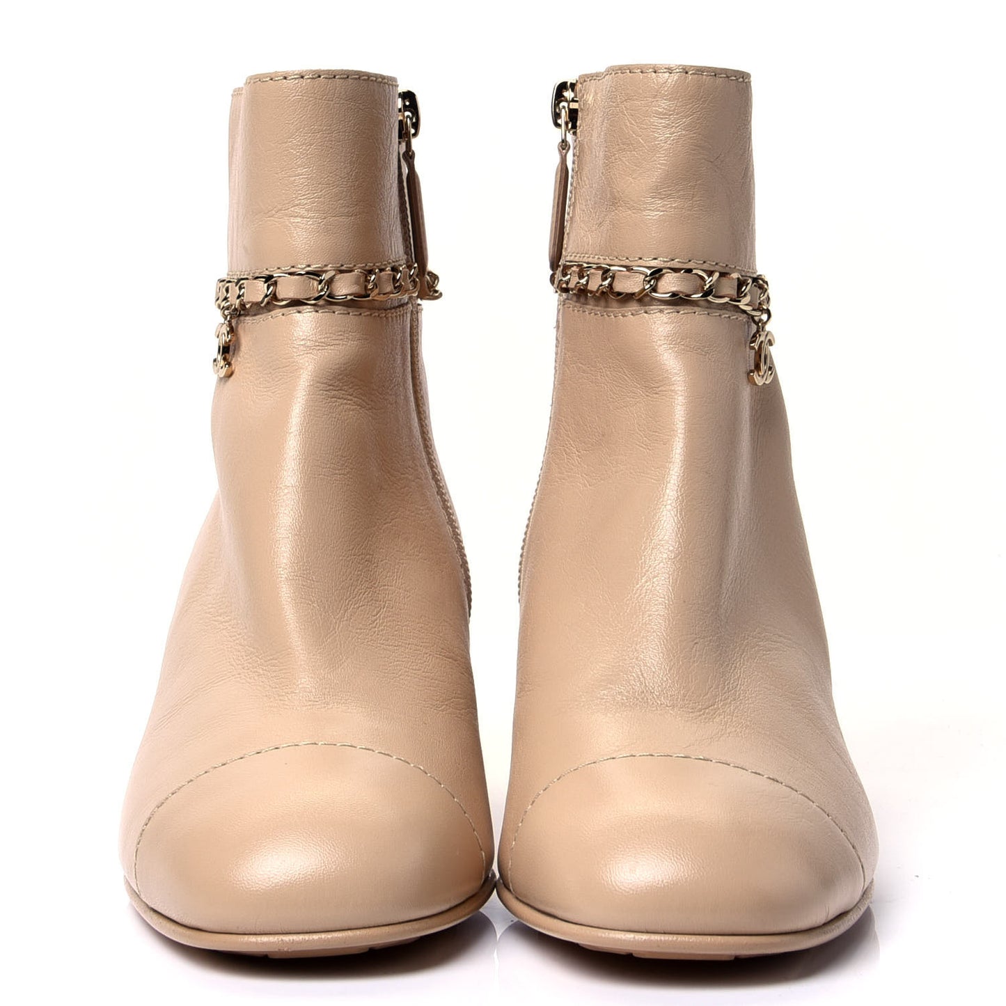 Calfskin Cap Toe Chain Short Boots 37 Beige