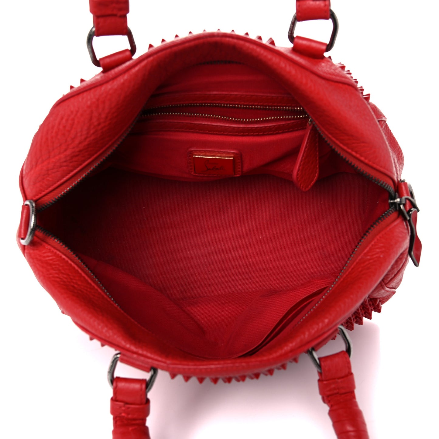Grained Calfskin Studded Panettone Bowling Bag Red