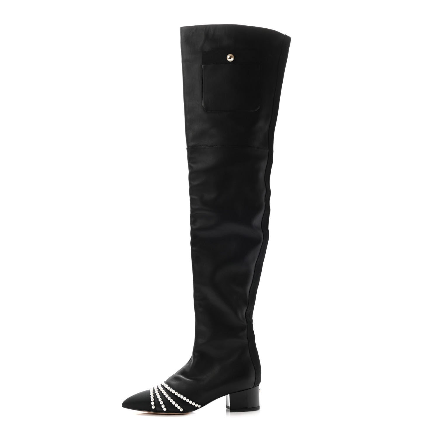 Chanel Lambskin Grosgrain Pearl Cap Toe High Boots 38 Black 1 of 10