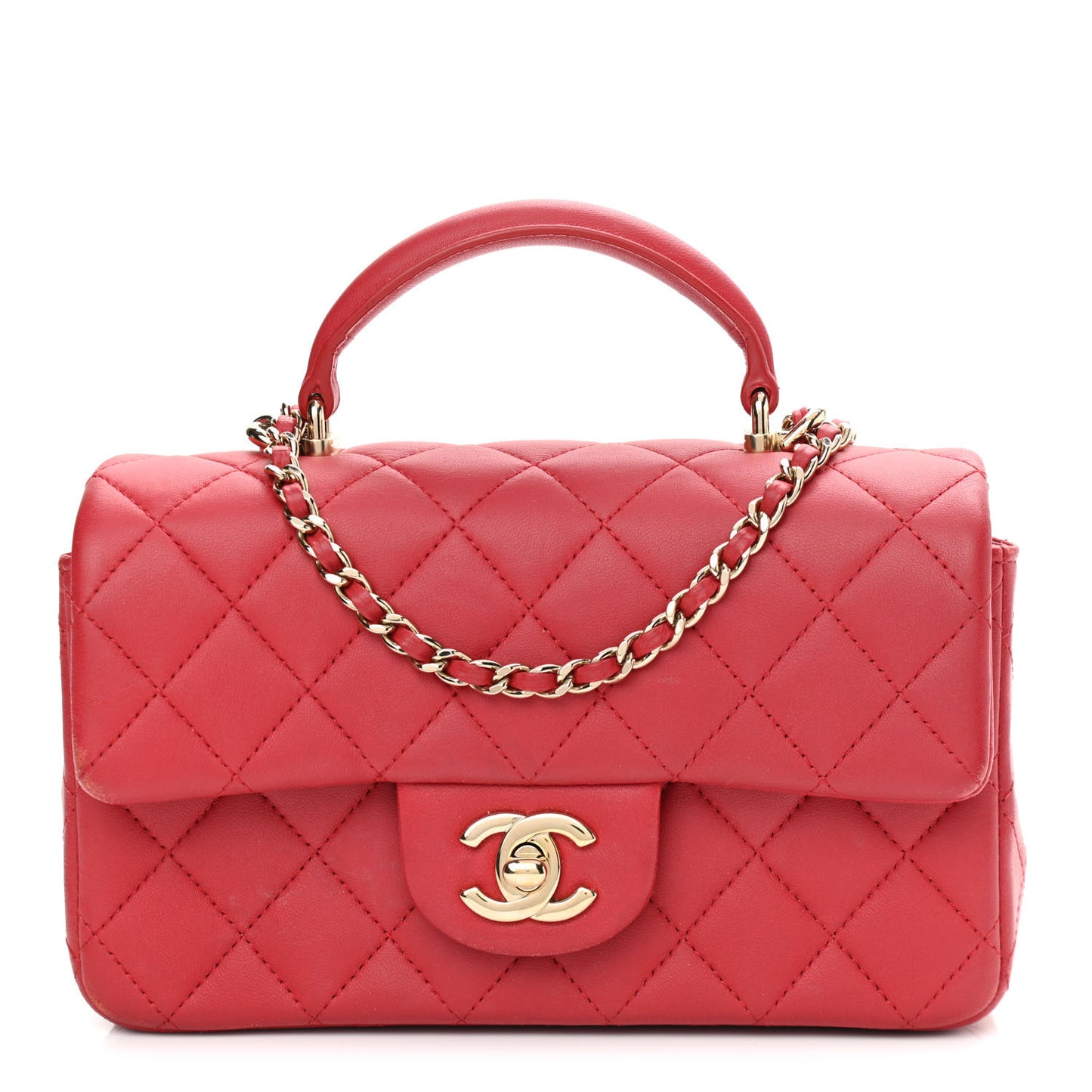 Lambskin Quilted Mini Top Handle Rectangular Flap Red