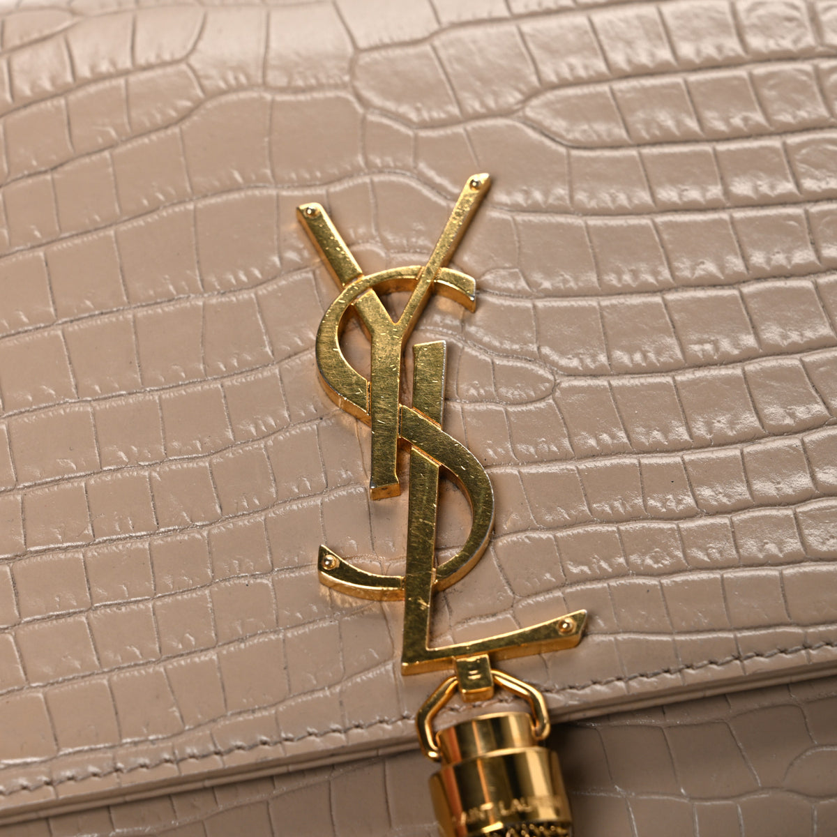 Saint Laurent Calfskin Crocodile Embossed Medium Classic Monogram Kate Tassel Satchel Dark Beige 11 of 11