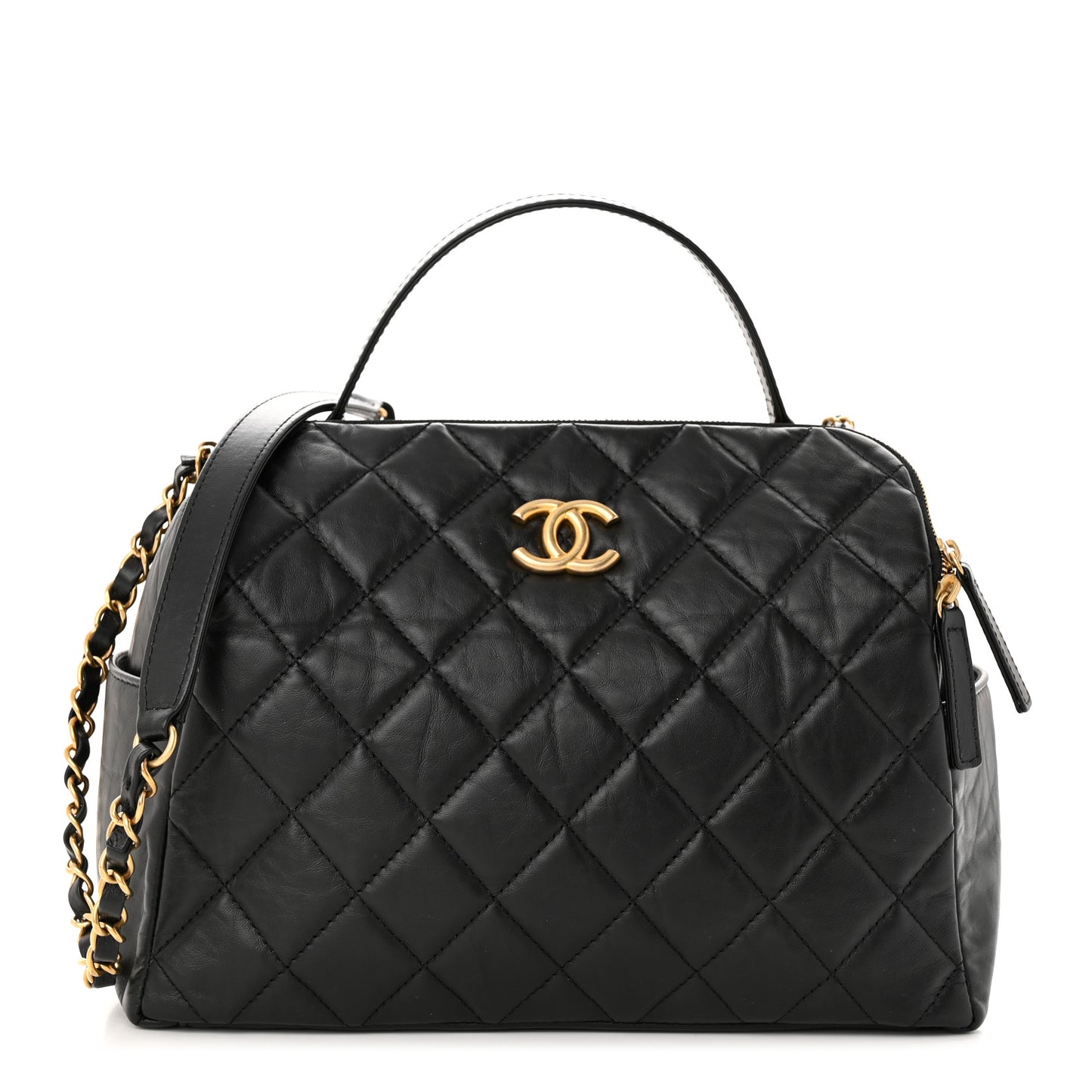 Aged Calfskin Quilted Retro Spirit Small Bowling Bag Black