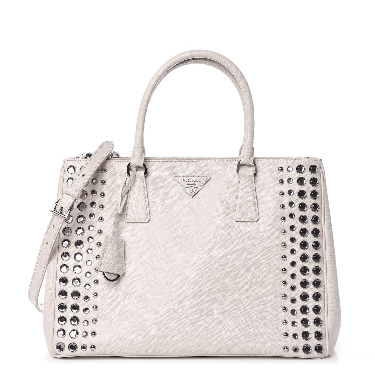 Saffiano Lux Studded Crystal Medium Galleria Double Zip Tote Talco