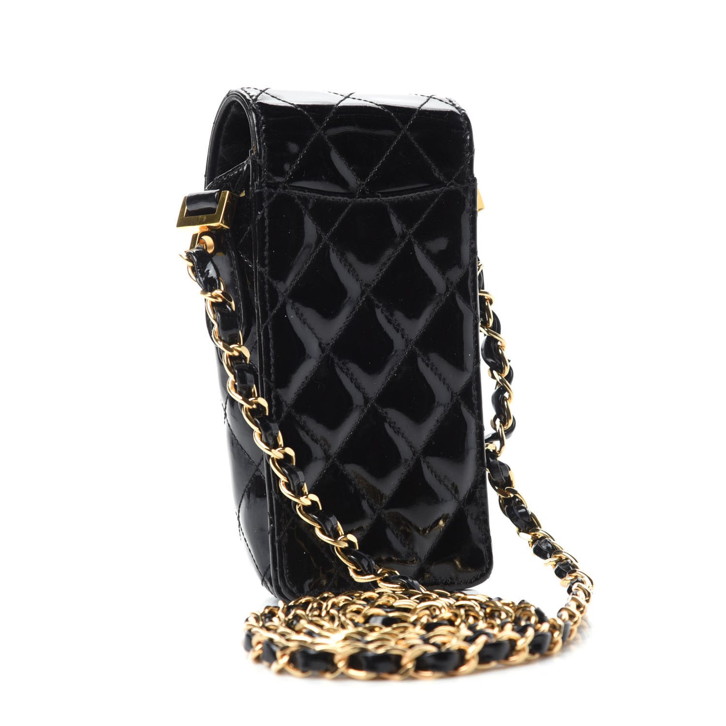 Patent Calfskin Quilted CC Phone Holder Black