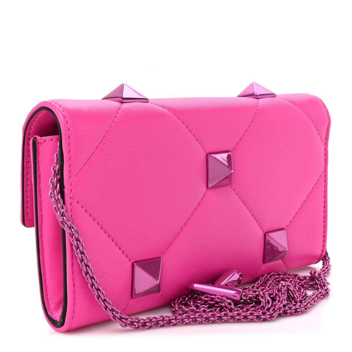 Valentino Garavani Nappa Monochrome Roman Stud Wallet On Chain Pink PP 3 of 9