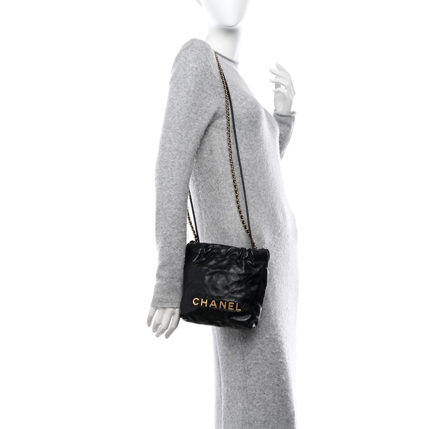 Shiny Crumpled Calfskin Quilted Pearl Mini Chanel 22 Black