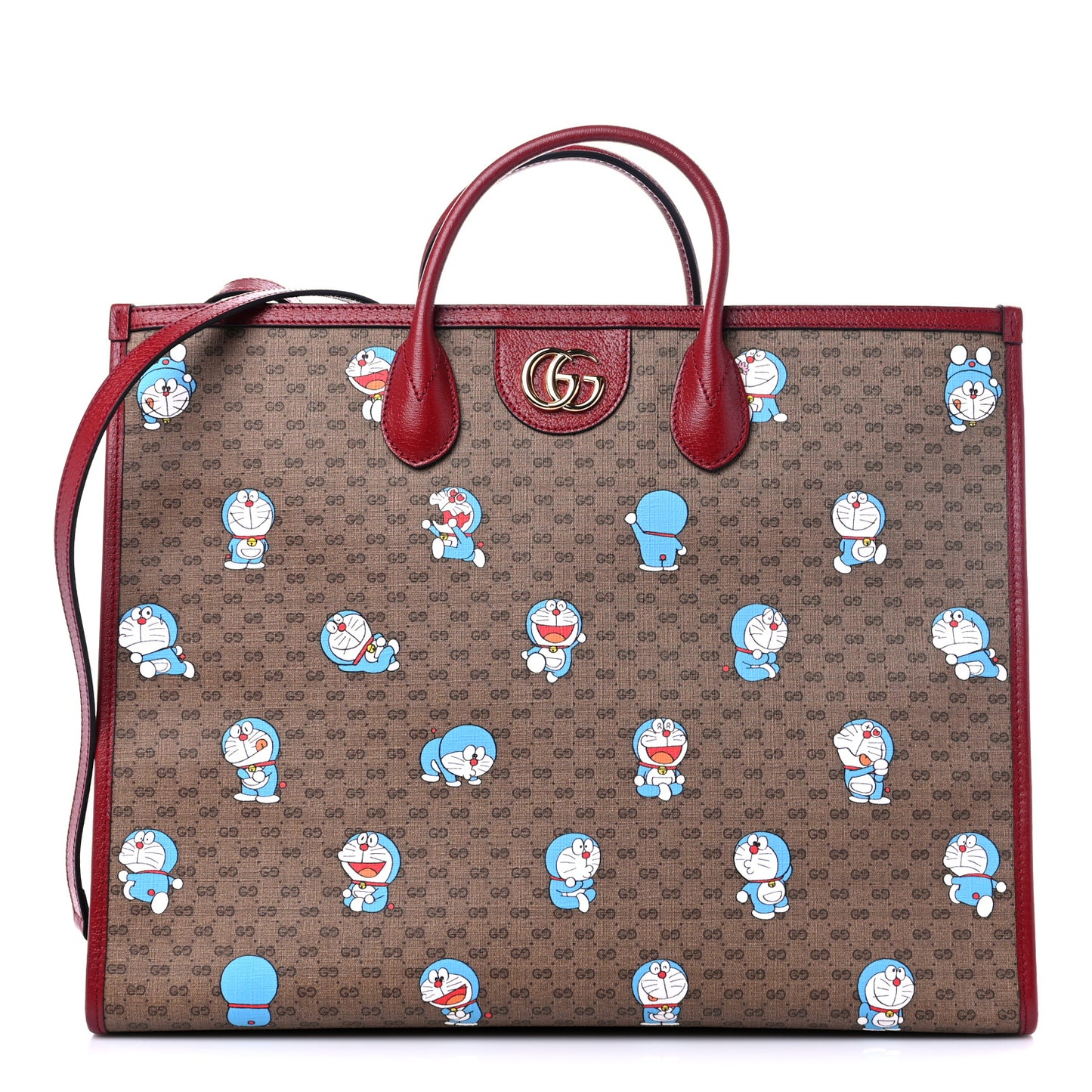 X DORAEMON Mini Vintage GG Supreme Monogram Large Tote Bag Beige Cherry Red