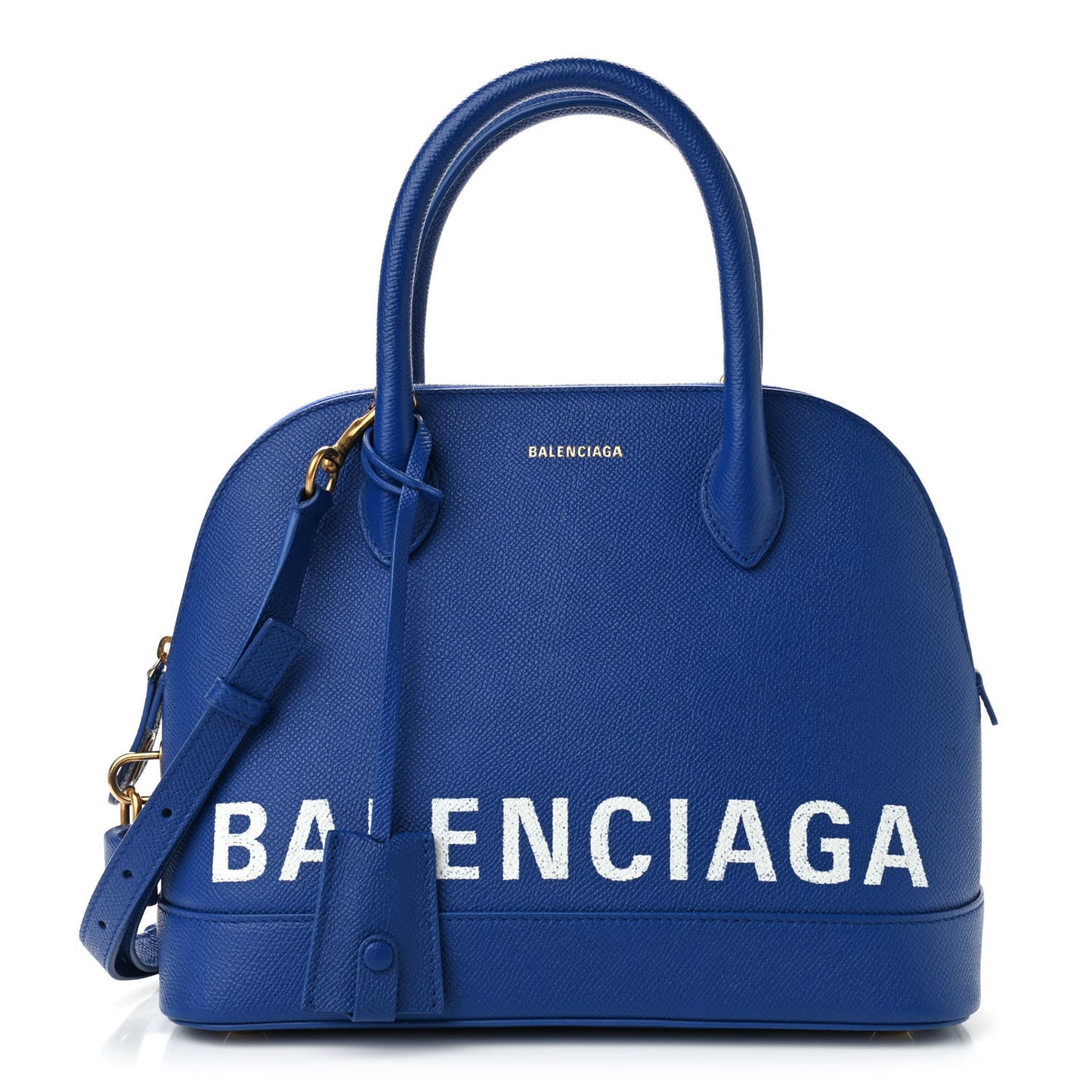 Signature Grained Calfskin Logo S Ville Top Handle Bag Bleu Roi White