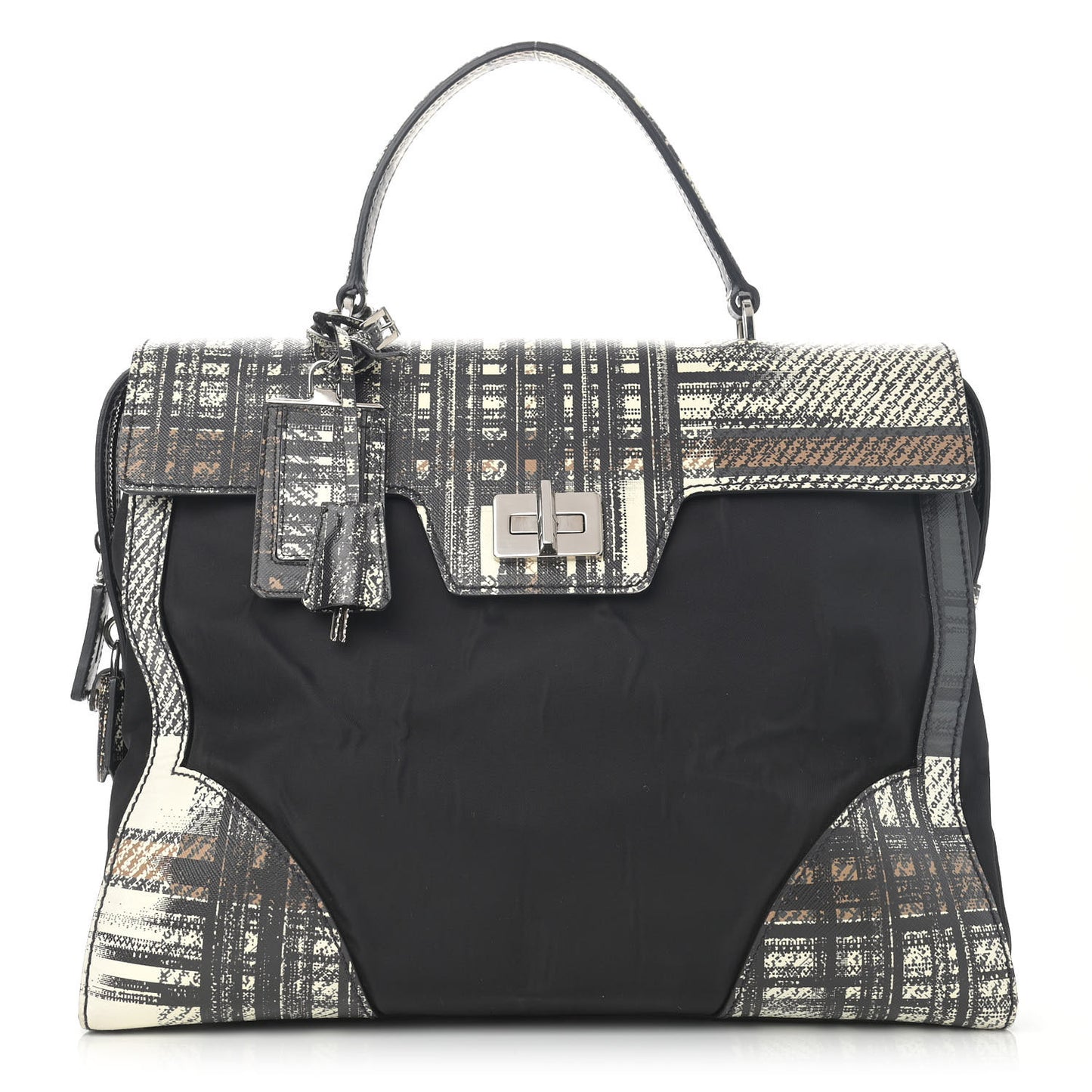 Tessuto Nylon Saffiano Tartan Print Satchel Bianco Dis Tartan