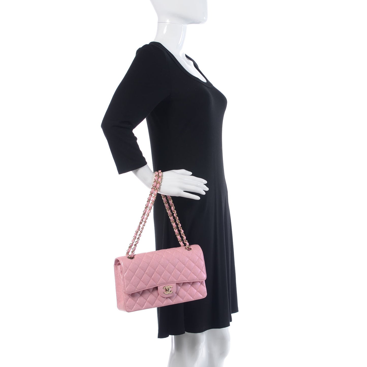 Iridescent Caviar Quilted Medium Double Flap Rose Pink