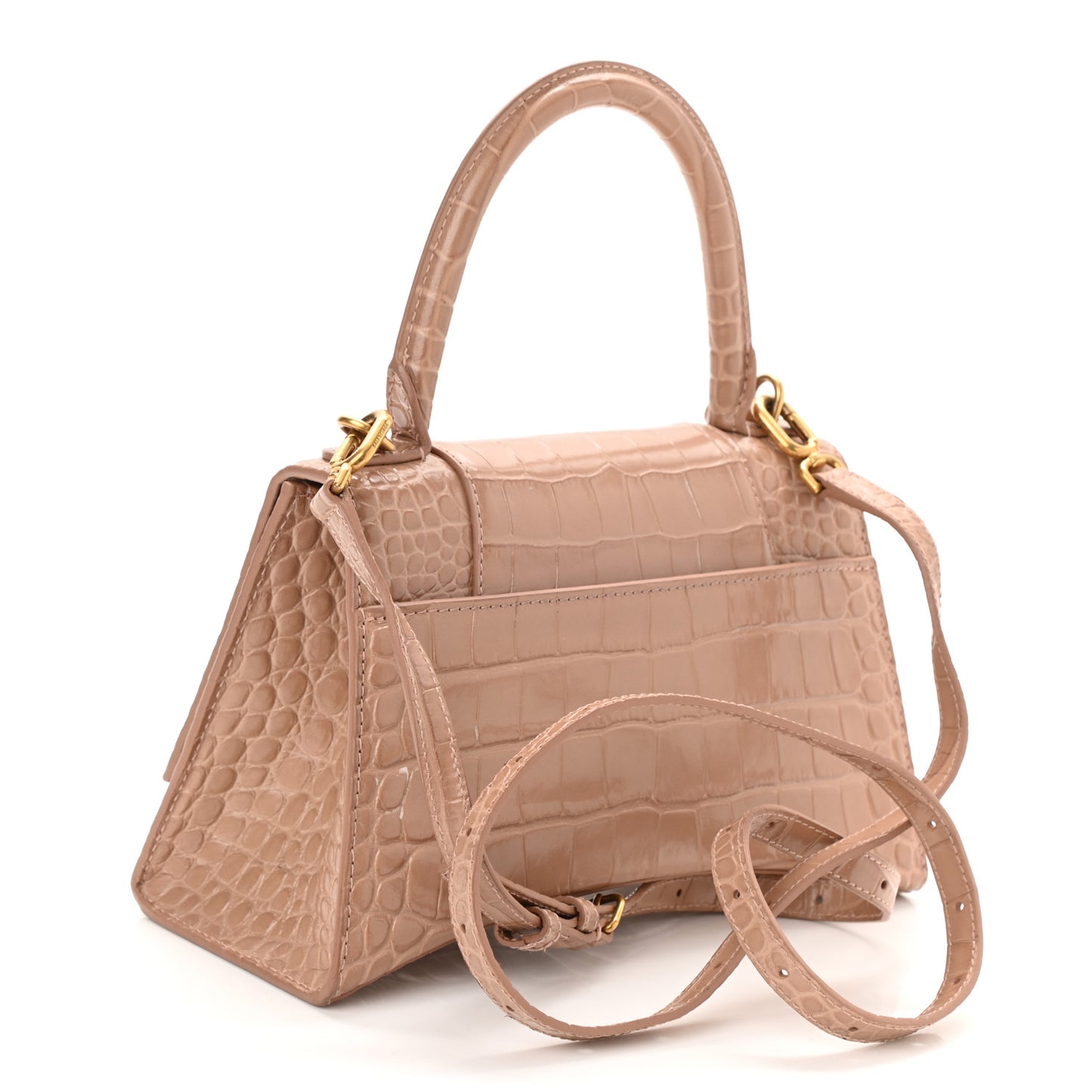 Shiny Calfskin Crocodile Embossed Small Hourglass Top Handle Bag Nude Beige
