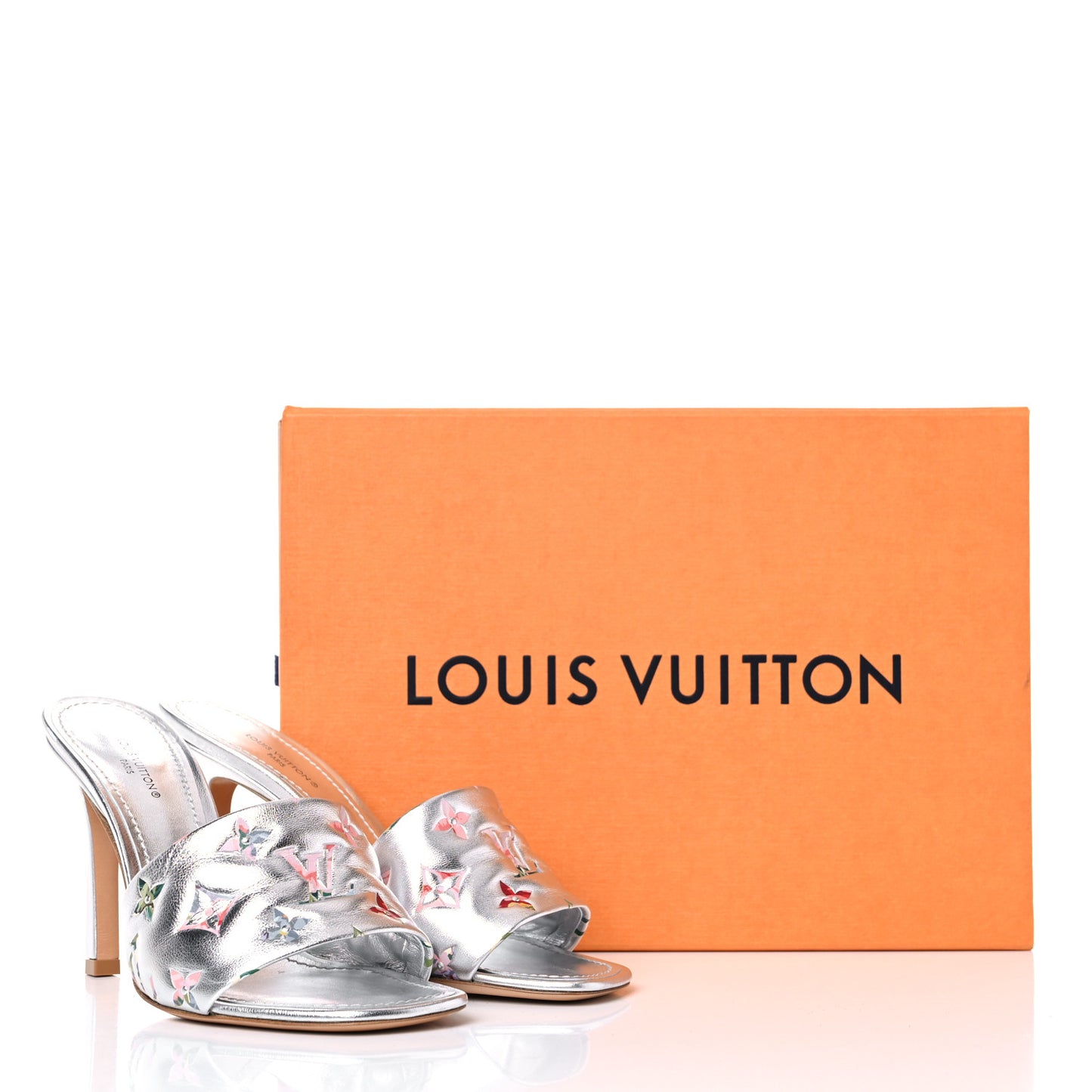 Metallic Lambskin Embossed Monogram LV Garden Revival High Heel Mules 37 Silver