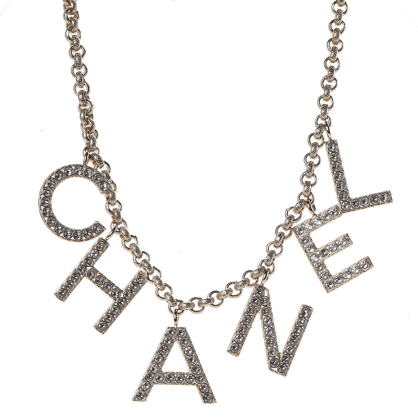 Metal Crystal Cha-Nel Logo Necklace Gold